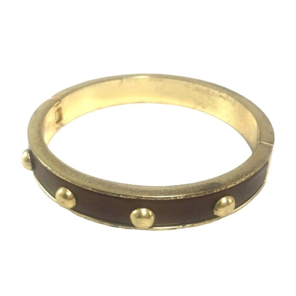 Brown Leather and Studded Gold Tone Metal Clamper Bracelet